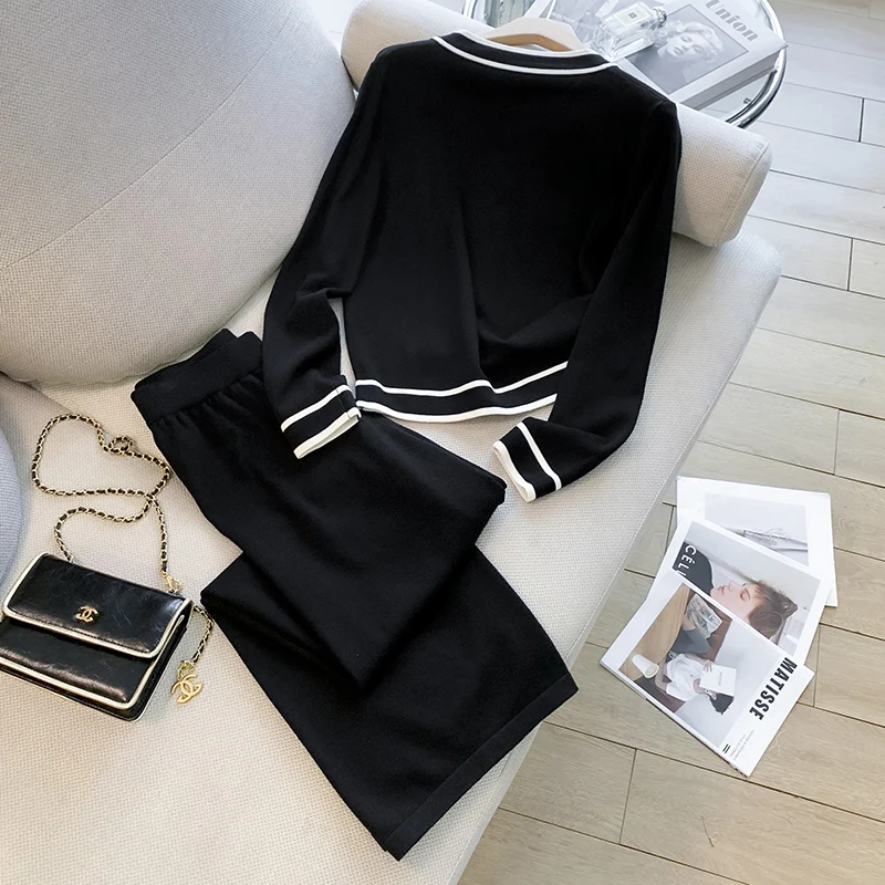 

2 Pieces Set Fashion Women Tracksuits 2025 Long Sleeve Stripe Cardigan High Waist Lace-up Long Kint Leg Pant Outfits Casual