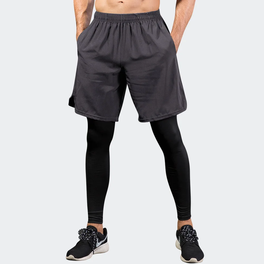 Men's Tight Pants Fake Two-piece Fitness Sports Running Training  Casual Elastic Quick-drying Pants