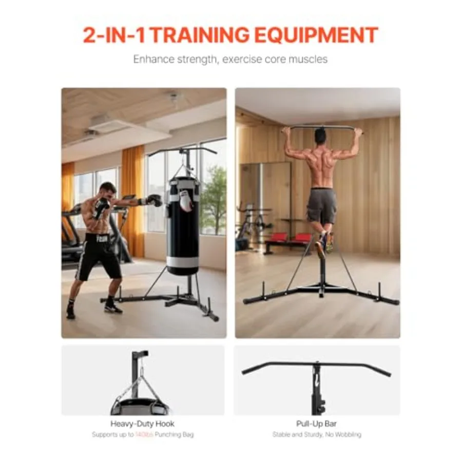 Home gym MMA training: heavy duty steel 2-in-1 adjustable punching bag stand with pull-up bar black holds up to 140lbs