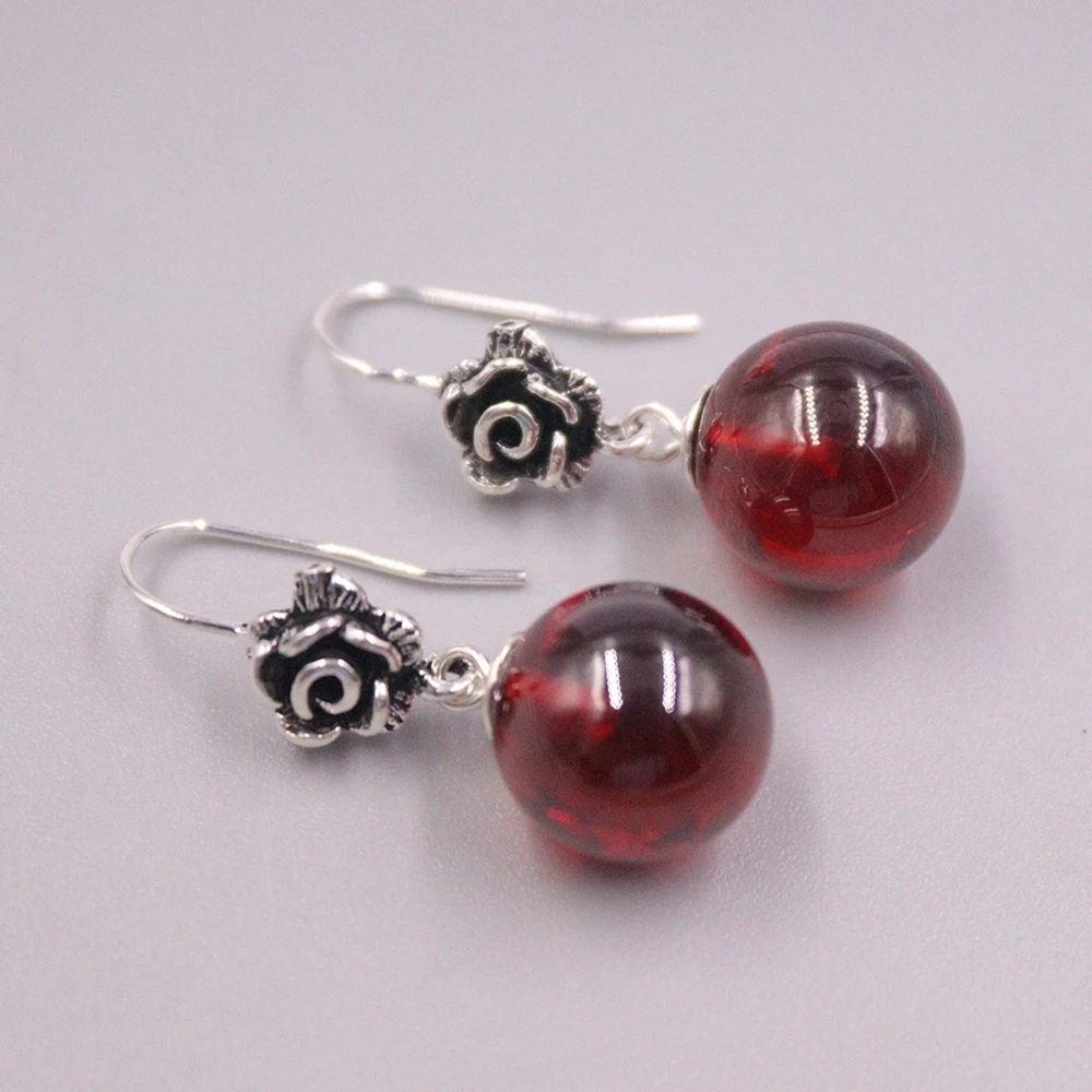 

Real Solid 925 Sterling Silver Women Lucky Red Garnet Round Bead Flower Dangle Earrings