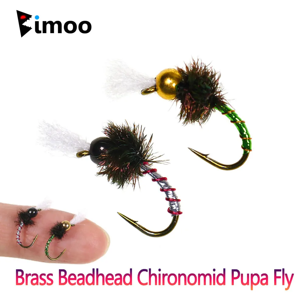 Bimoo 6pcs #12 #14 #16 Brass Bead Head Chironomid Pupa Fly Copper Wire Rib Midge Emerger Fly Trout Grayling Fishing Lures Baits