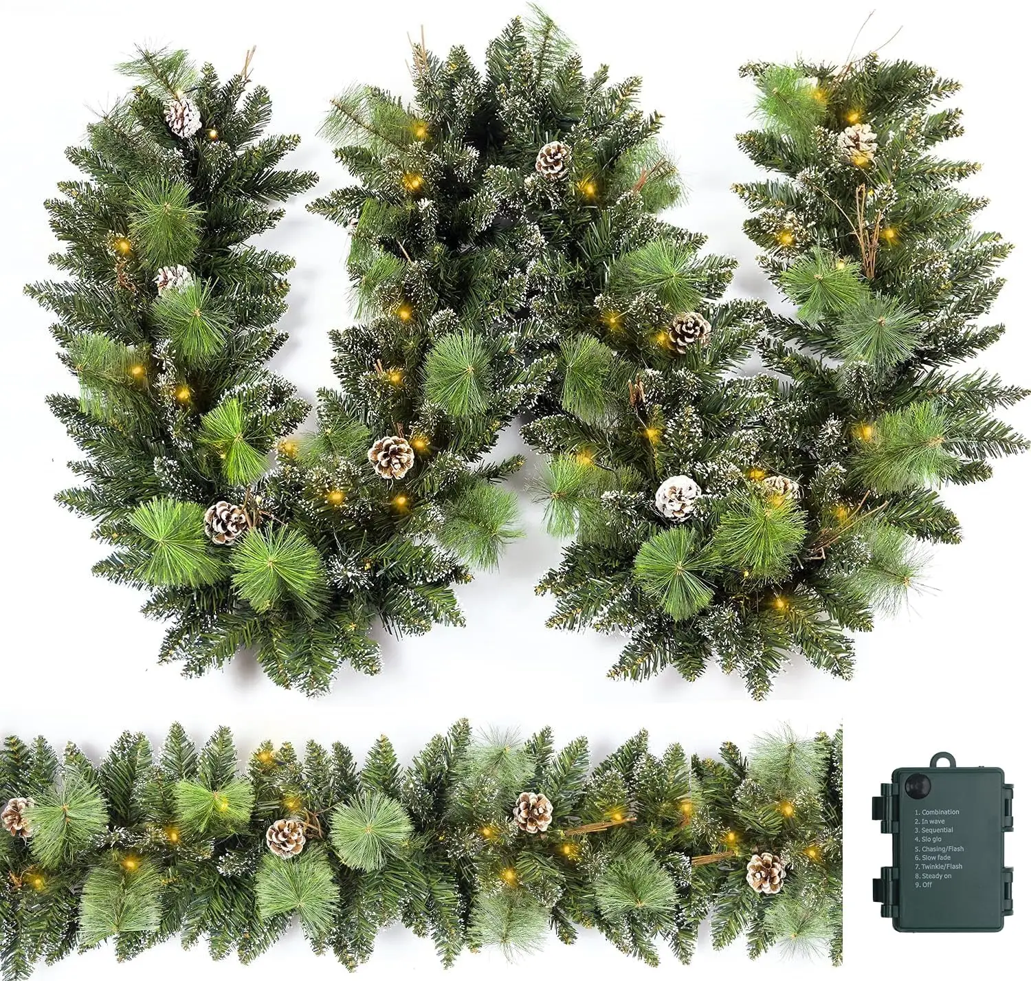 

9 Ft Pre-lit Christmas Garland with 50 LEDs, Pine Cone Design, Battery Operated for Indoor Outdoor Use