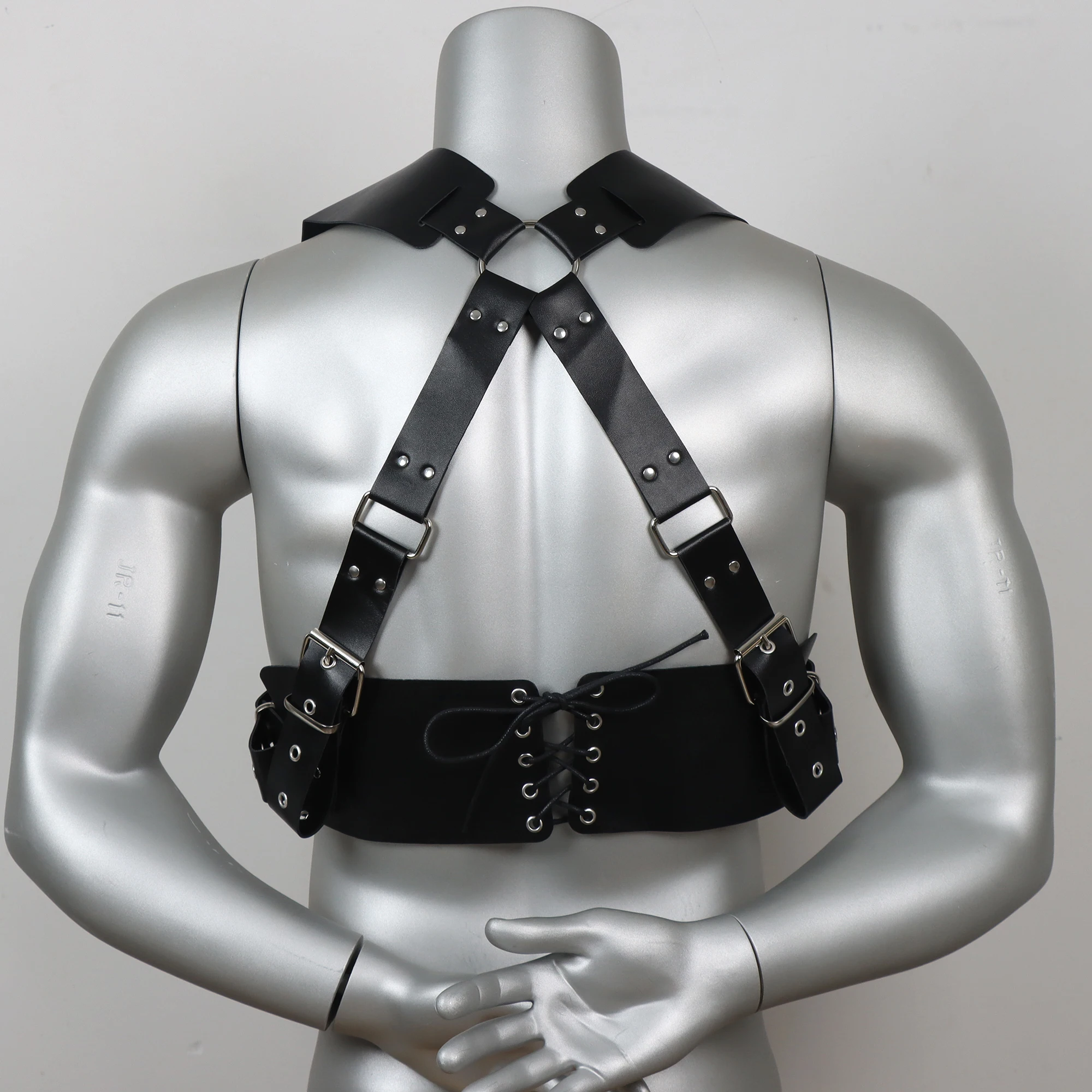 Men\'s Sexy Faux Leather Suspender Back Body Bondage Fashion Design Metal Rivet Harness Club Gothic Matching Top