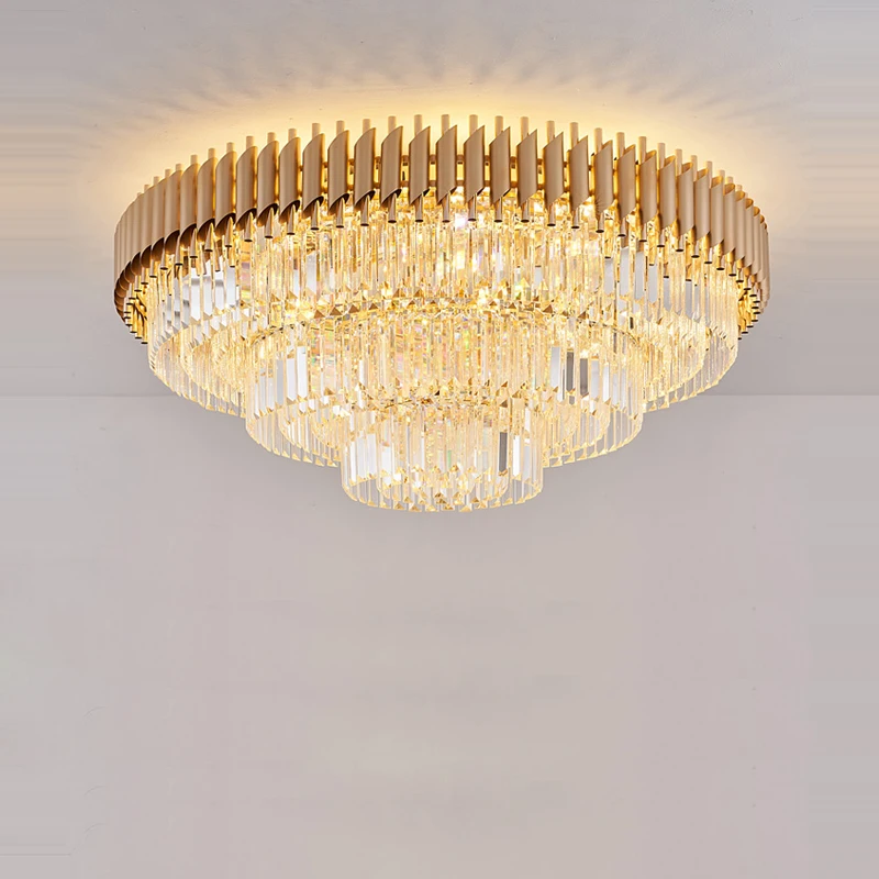 lampada redonda do teto led para foyer dourado preto cristal designer brilho luzes de teto postmodern 23 camadas 01