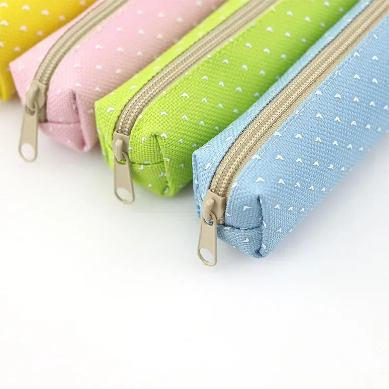 Cute Dots Pattern Pencil Bag Colorful Canvas Dots Pens Organizer Bag Zipper Pencil Case Pen Holder Pouch Portable