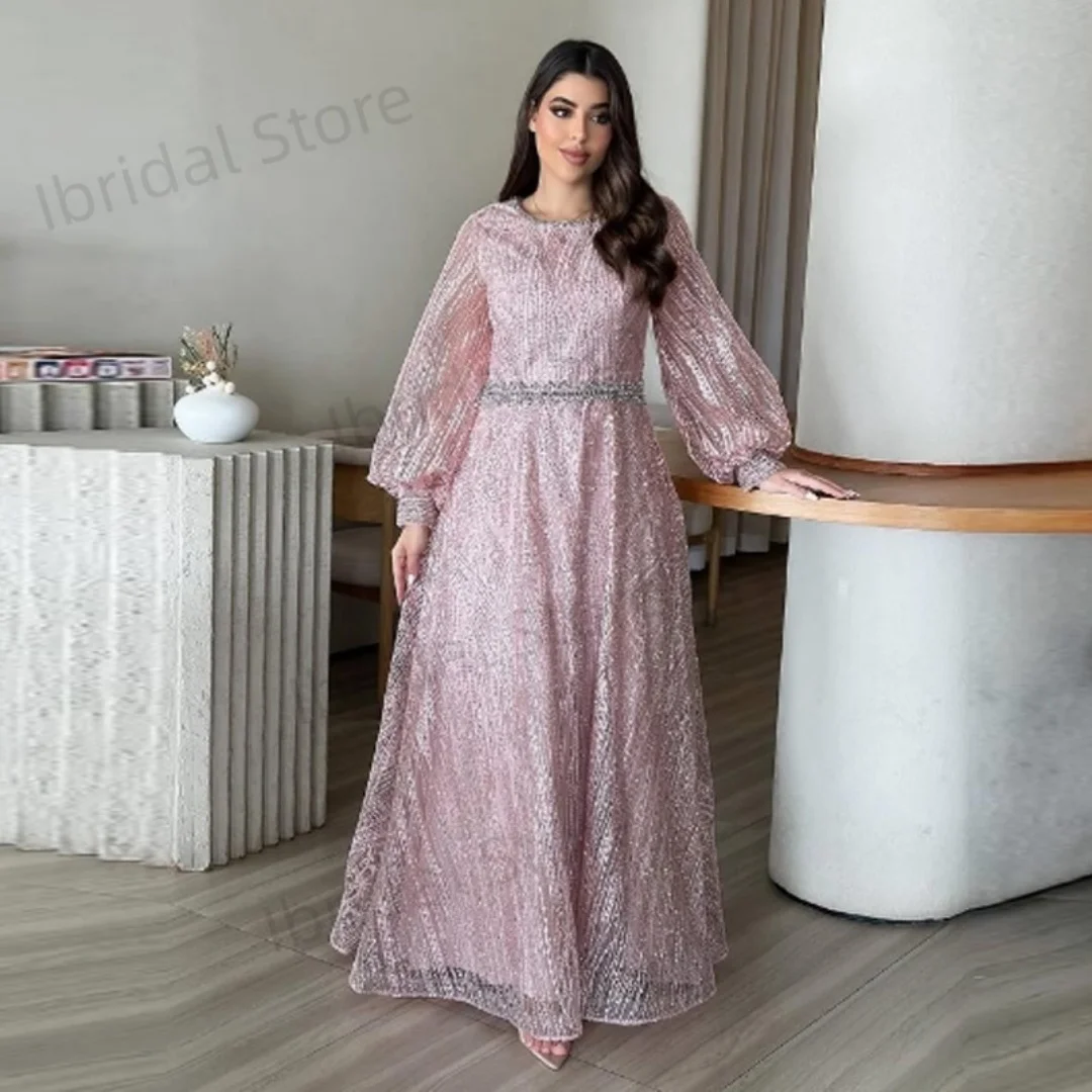 Customized Elegant Muslim Evening Dress Luxury A-Line Long Sleeves Beads Formal Prom Wedding Party Gown for Women