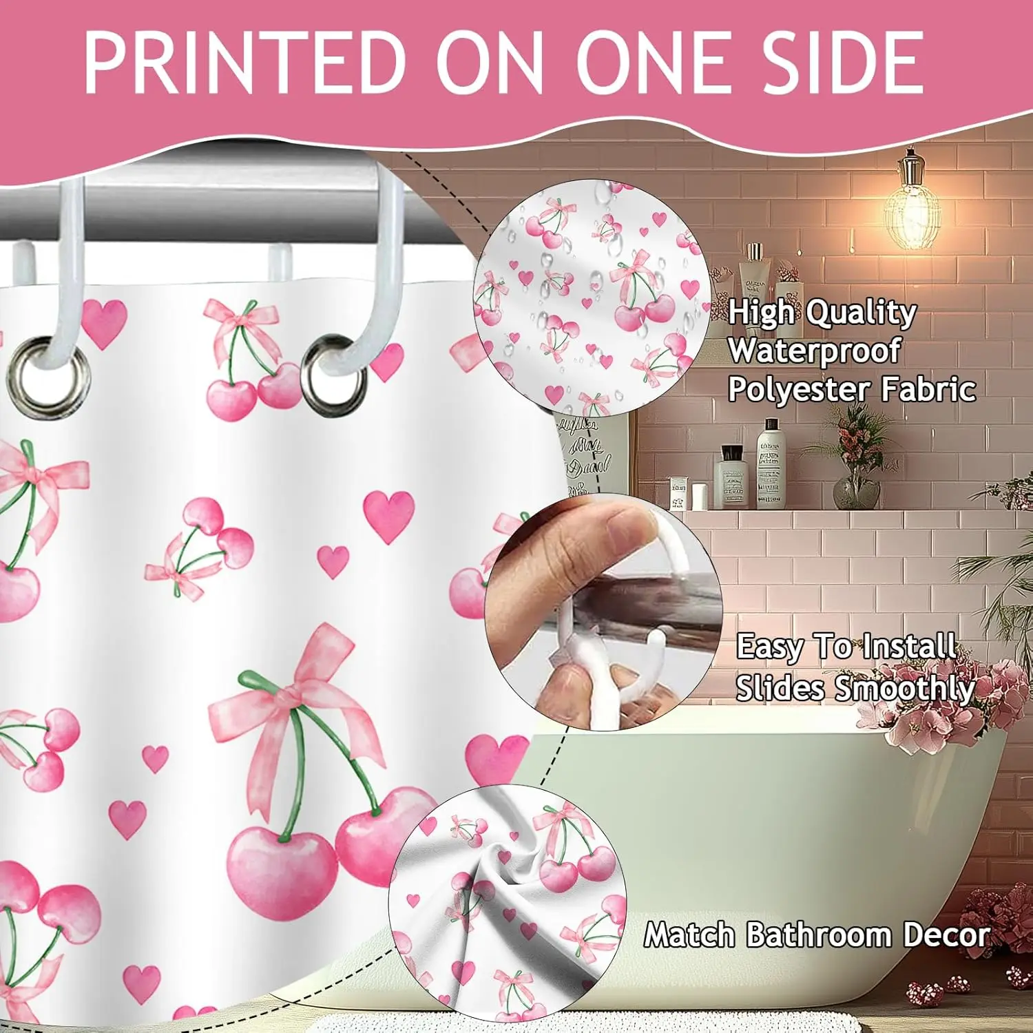 pink bow shower curtain for bow bathroom decoration, waterproof fabric valentine sweetheart shower curtain 180X180CM