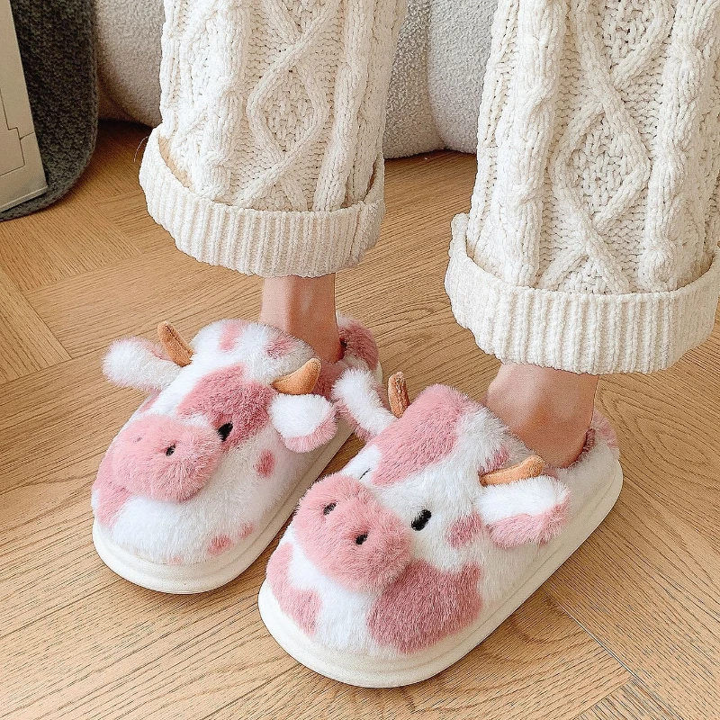 Women's Winter Warm Cartoon Cow Slippers Closed Toe Non Slip Furry House Shoes Couples Indoor Bedroom Thick Sole Plush Slipper