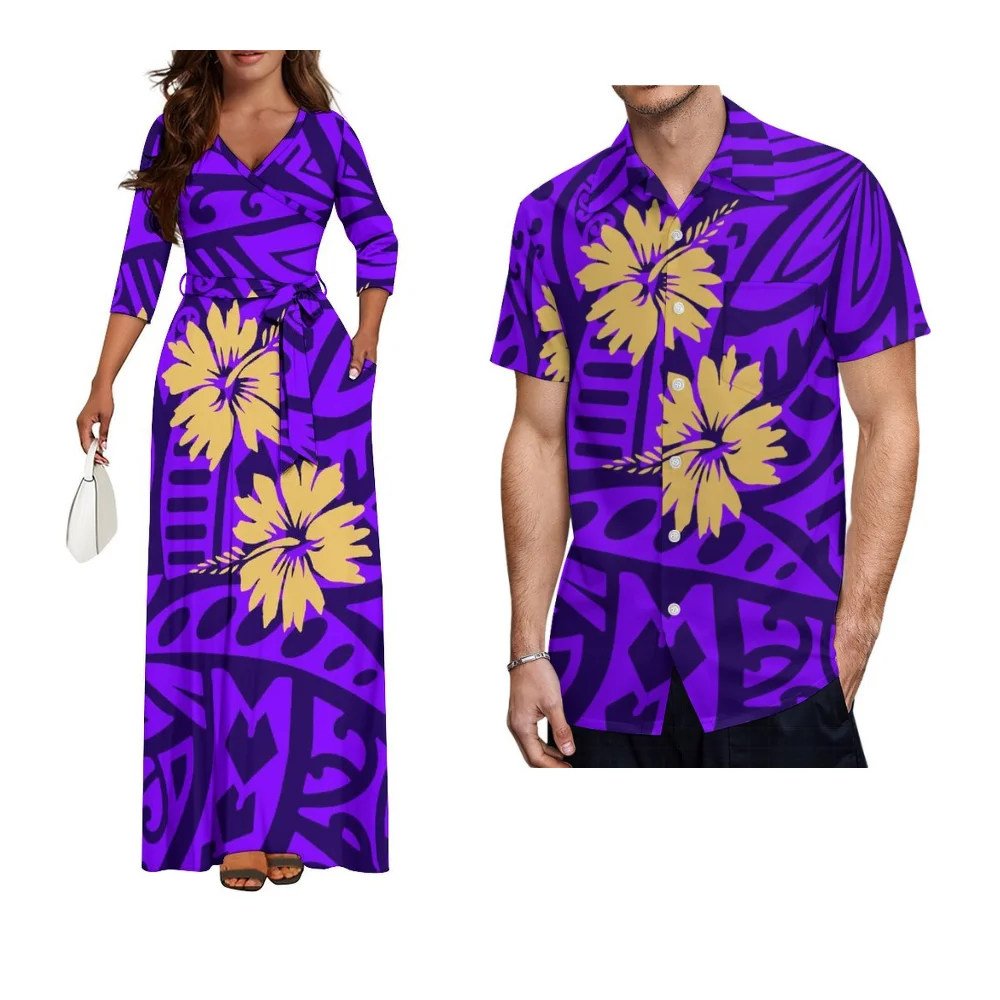 Coppia personalizzata polinesiana Set Abito con scollo a V con cintura Design Abito lungo da donna Camicia formale da uomo dell'Isola hawaiana Samoa