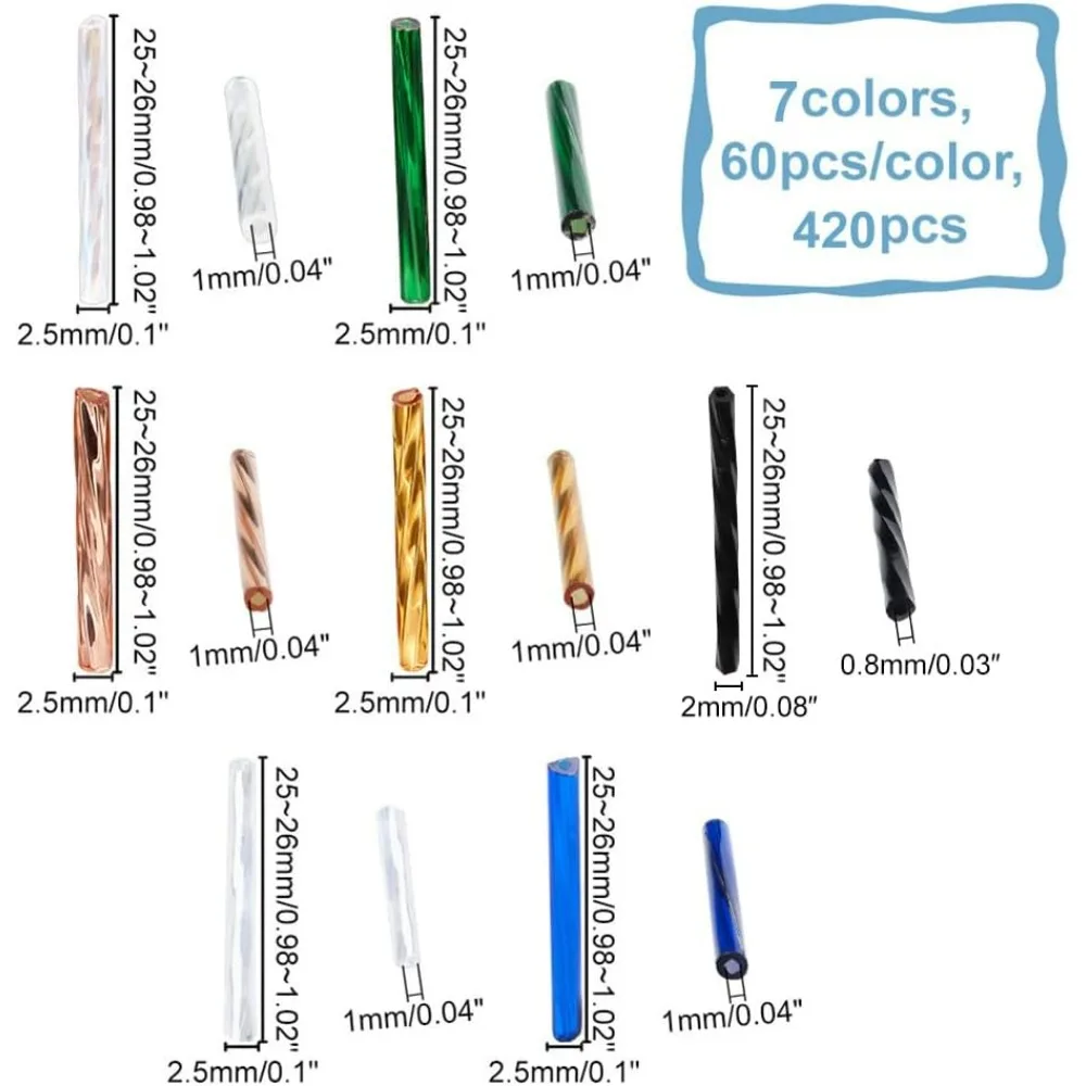 유리 트위스트 나팔 비즈, 전기 도금 불투명 튜브 나팔 시드 비즈, 25 ~ 26x2.5mm 긴 튜브 체코 유리 비즈 키트, 7 가지 색상, 420 개