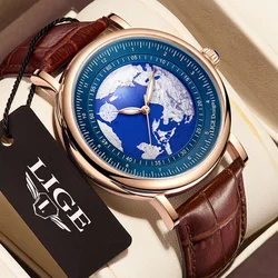 LIGE Fashion Mens Watches Blue Planet Creative Earth Quartz Wristwatch Leather Sport Waterproof Watch For Men Relogio Masculino