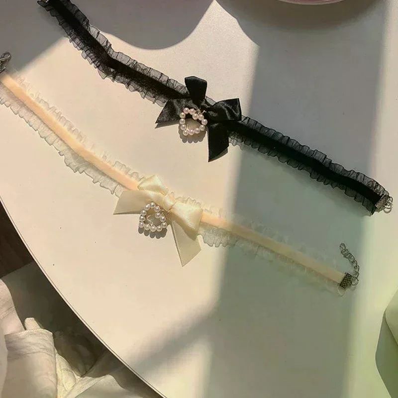 Women's Cute Collar Lolitas Handmade Vintage Lace Heart Choker for Women Gothic Bow Knot Necklace Girls Uniform Accessories