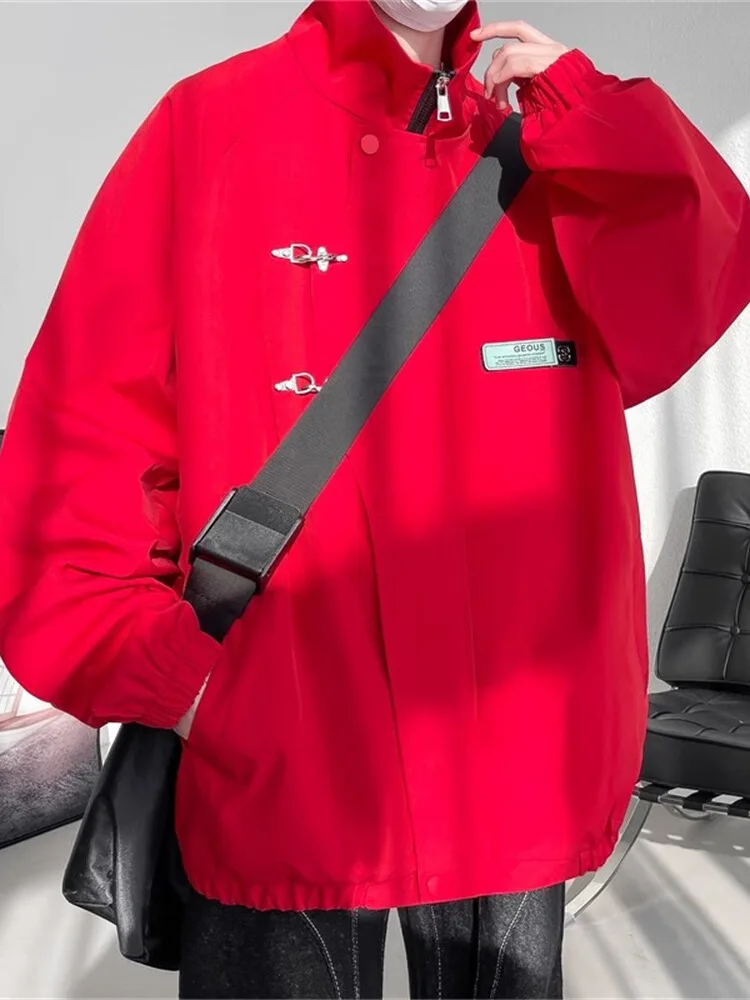 

Luy Dragon Year Red Jaet Men's Spring Autumn Sle Stand Collar Zipper Sve Long Casual Faion Anti-Wind Outerwear