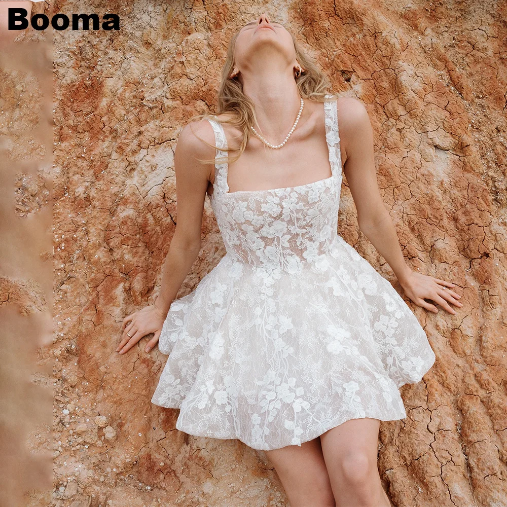 

Booma A-line Short Wedding Party Dresses Square Collar Flowers Lace Brides Party Gowns for Women Above Knee Cockatil Prom Dress