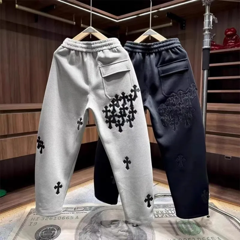 

Men's Autumn Winter Fce Lined Embroidered Design Wide Leg Pants Casual Spor Sle Street Faion 300 Pou Size