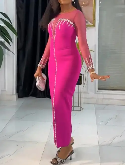 

Perspective Splicing Slit Dress Hot Stamping Fashionable Women's Midi Dress Elegant Gown for Special Occasions