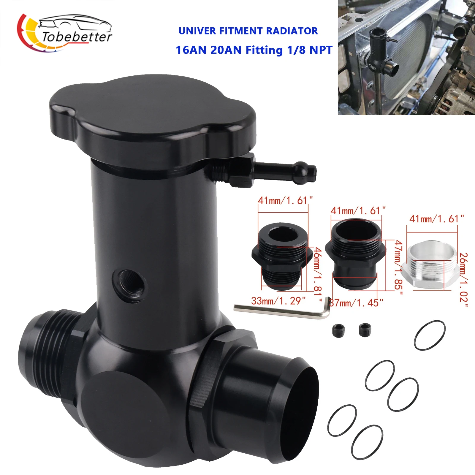 

Universal Aluminum 16AN 20AN Hose Raised Inline Filler Neck 1/8 NPT Ports radiator for honda civic nissan 1JZ 2JZ rb25 KA24