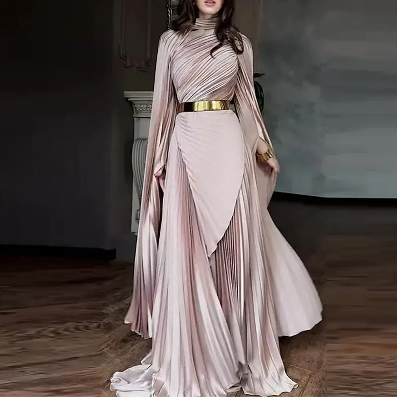 Elegant Solid Flared Sleeve Fold Dress Lady Temperament High Waisted Evening Dress Sexy Slim Crew Collar Floor-length Long Dress