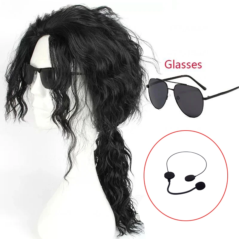 MJ Michael Cosplay Black Wig Jackson Michael Role Play Medium Long Curly Black Hair Pigtail Wig Halloween Role Play Prop Cos