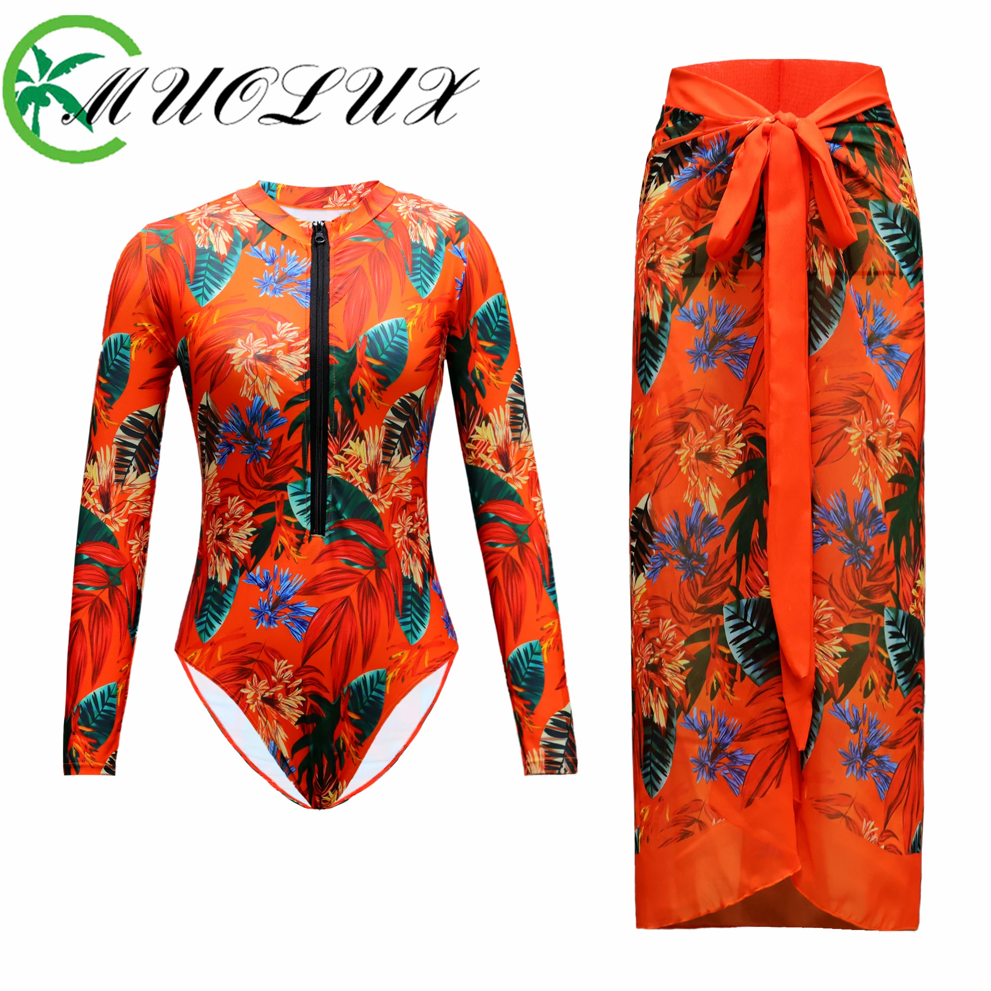 2024 Sexy Long Sleeve Zip Front One Piece Surf Swimsuit Sarong Swimwear Female Swimsuit Vintage Slimming Bathing Suit Beachwear