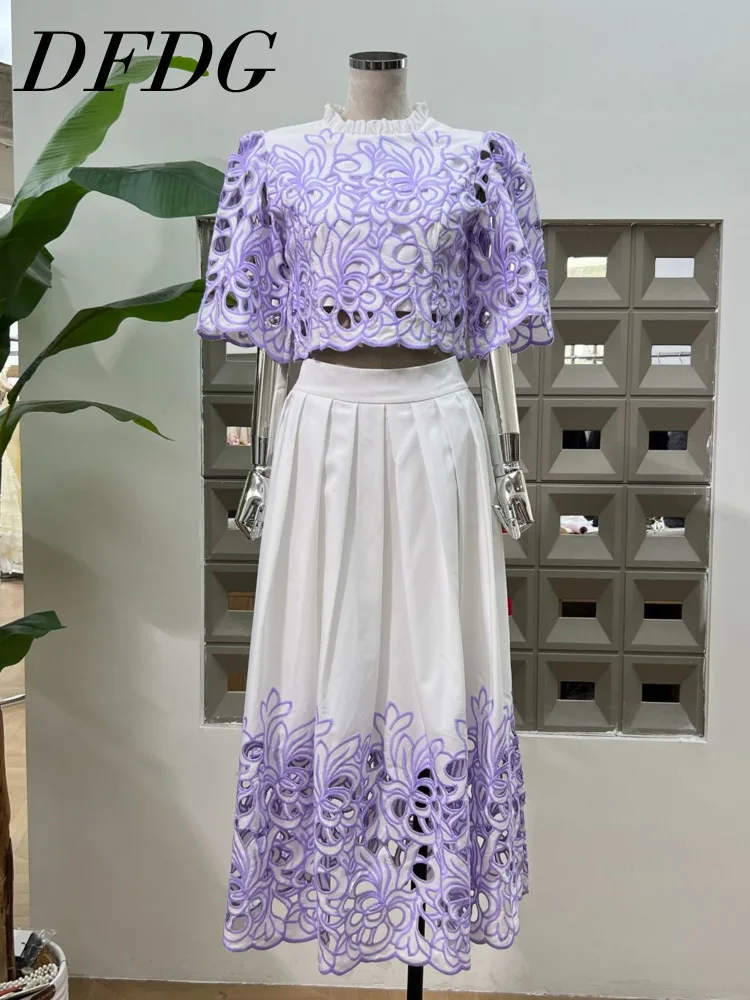 

DFDG Women’s Designer Embroidered Crochet Lace Up Round Neck Short Sleeve Crop Top High Waist Skirt 2 Piece Spring Summer 2025