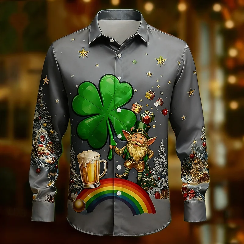 

3D модная рубашка с рождественским узором и принтом клевера, повседневная мужская рубашка с длинными рукавами, уличный дизайн, топ в стиле Харадзюку