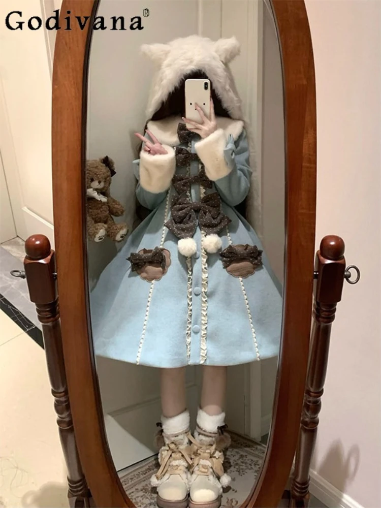 Manteau bleu Style Lolita pour femme, veste d'université, magnifique et élégant, avec nœud à pois, manteau chaud et épais en laine, hiver