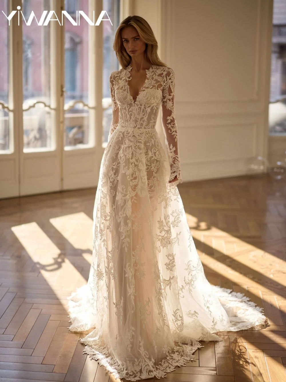

Charming Lace Appliques Wedding Dress Graceful V-neck Long Sleeve Bridal Gown Customized A-line Tulle Dresses For Bride