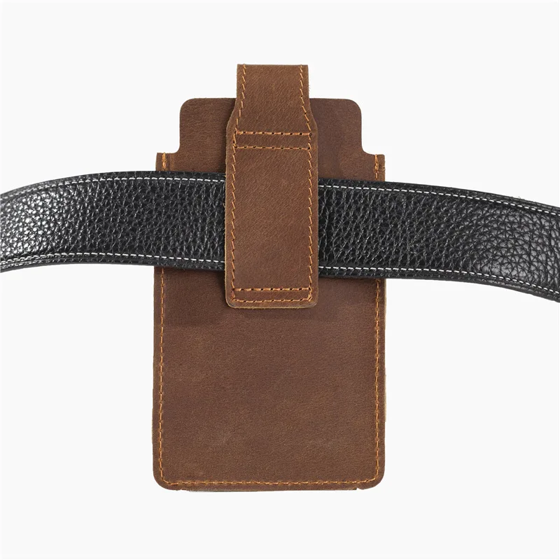 Genuine Leather Men Mobile Phone Holster Vintage Vertical Cell Phone Bag with Card Holder Keychain Hook Man Waist Belt Bag