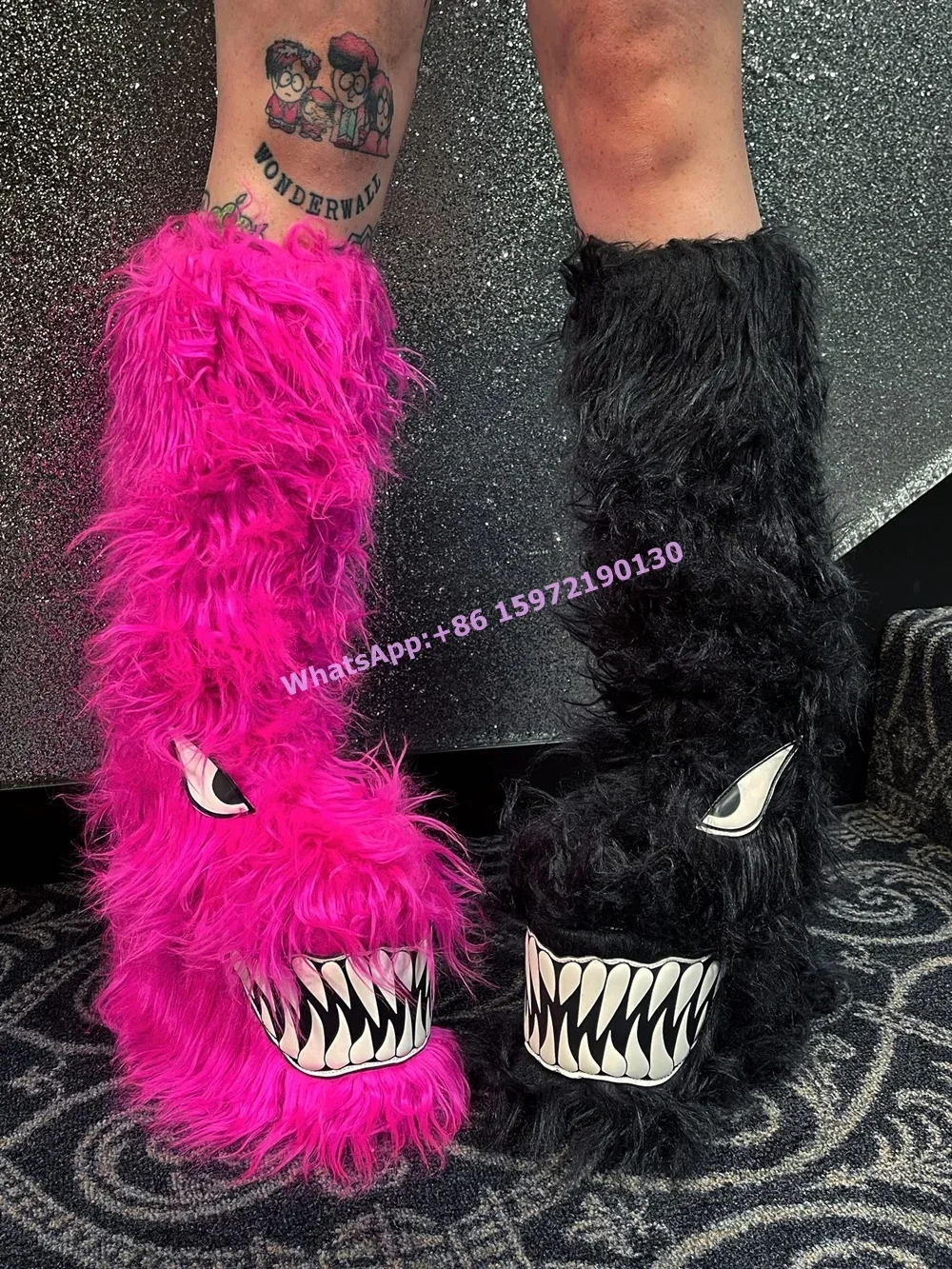 Long Furry Knee High Boots Platform Monster Round Toe Black Slip On Winter Knee High Boots Sexy Fashion Soft Hotties Shoes 2025