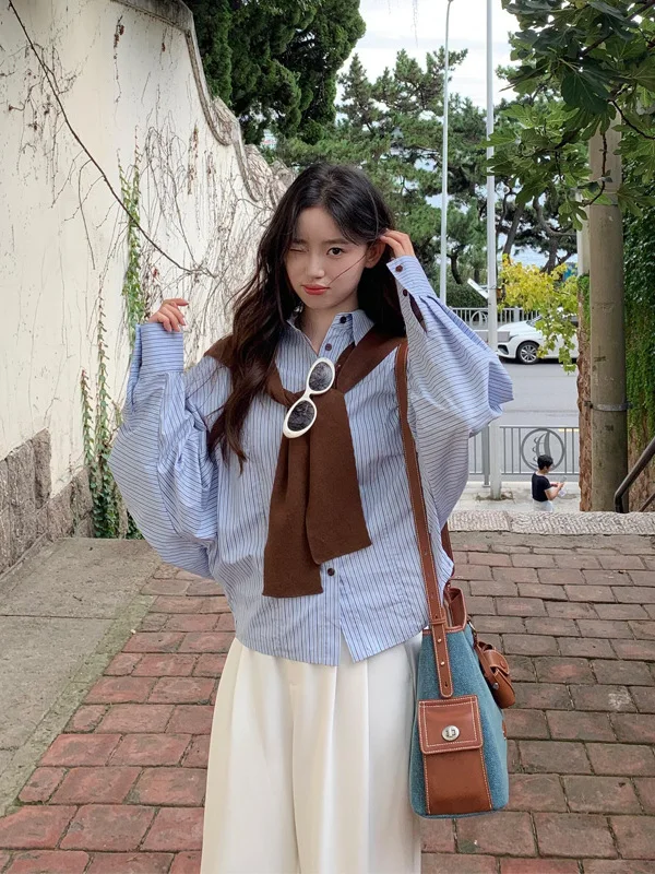 

Элегантный женский комплект: рубашка с длинным рукавом в синюю вертикальную полоску и коричневая шаль, модные брюки с высокой талией для осеннего гардероба
