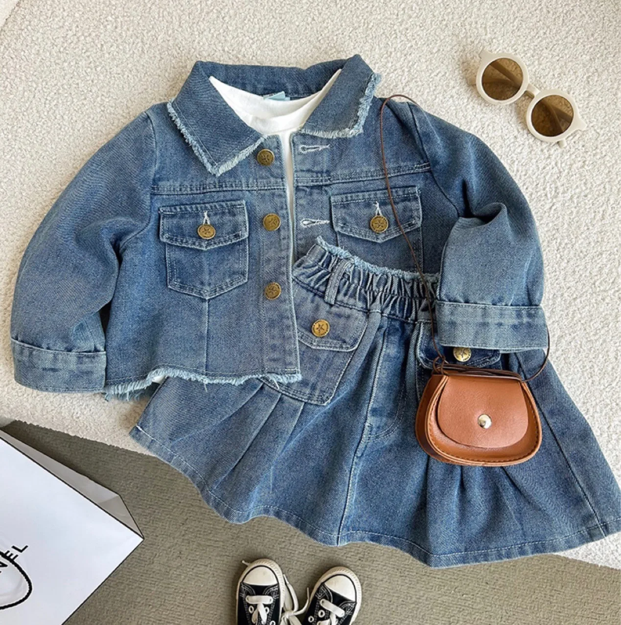 

2025 Spring Autumn Blue Retro Turn-down Collar Long Sleeves Girls Solid Color Cotton Denim Jacket +Short Skirts Two-piece Suit