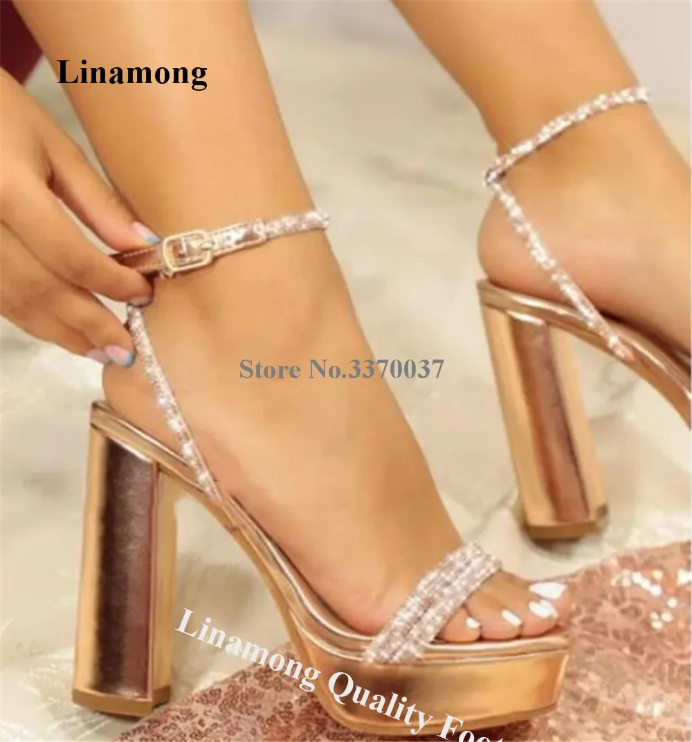 

Linamong Bling Bling Rhinestones Chunky Heel Sandals Open Toe Gold Silver Crystal Straps High Platform Thick Heel Wedding Shoes