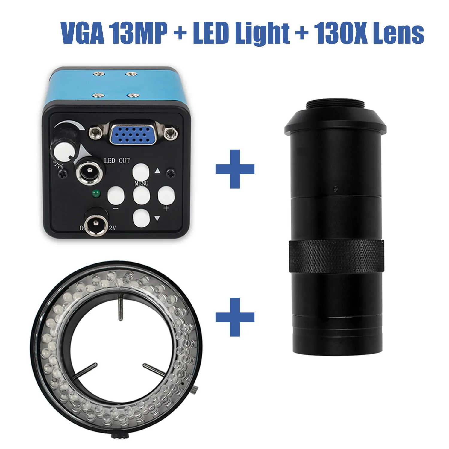 Cámara microscópica de vídeo VGA de 13MP 1080P + lente de montaje en C con Zoom 1-130X + luz ajustable de brillo visión grande para reparación de teléfonos