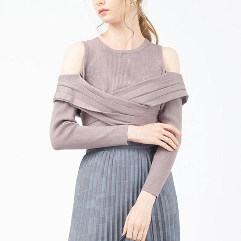 

2022 Autumn New Sweaters Fashion Sweet Women Jumpers O Neck Sexy Off Shoulder Long Sleeve Pleated Slim Knitted Pullover