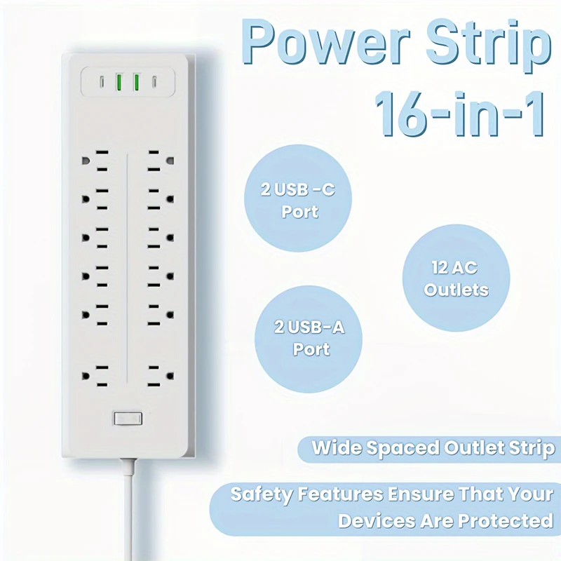 16 Ports Power Strip US Plug AC Outlets Electrical Socket Extension Cord USB Type C Charger Fast Charging Network Filter Adapter