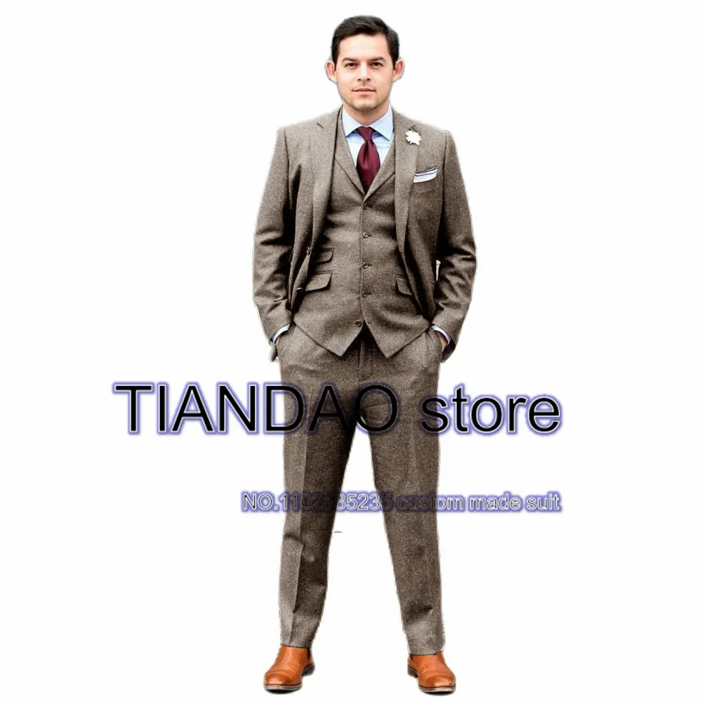 Business Men\'s Suit 3 Piece Herringbone Wool Jacket Vest Pants Formal Blazer Groom Wedding Tuxedo pantalon costume homme