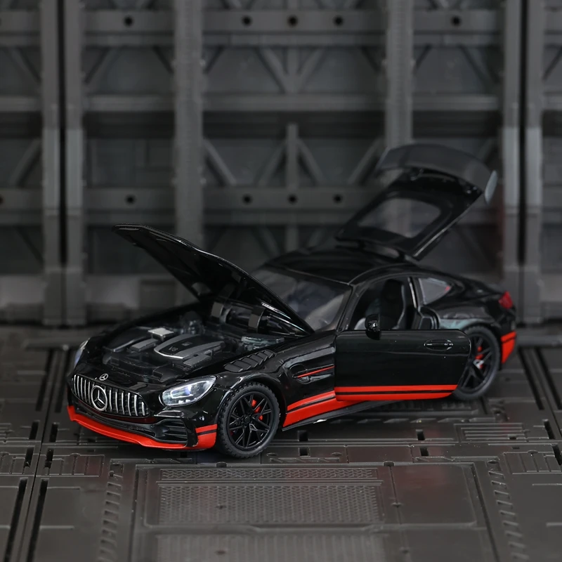 1:32 Mercedes Benz AMG GT-R adorno de modelo de coche de aleación, puertas y capó de motor, el maletero se puede abrir, juguetes eléctricos para niños