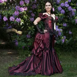 Vintage Victorian Long Prom Dresses Black Lace Appliques Off Shoulder Burgundy Bustle Formal Evening Gowns For Women Customized