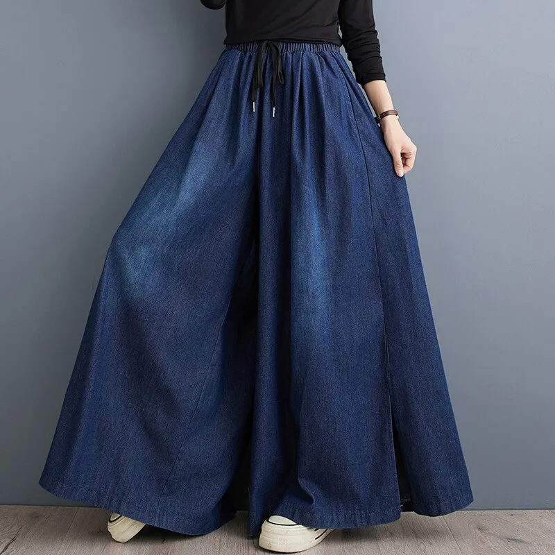 SuperAen Denim Full Length Pants for Women 2026 Autumn New Artistic Simple Side Slit Casual High Waist Wide Leg Pants