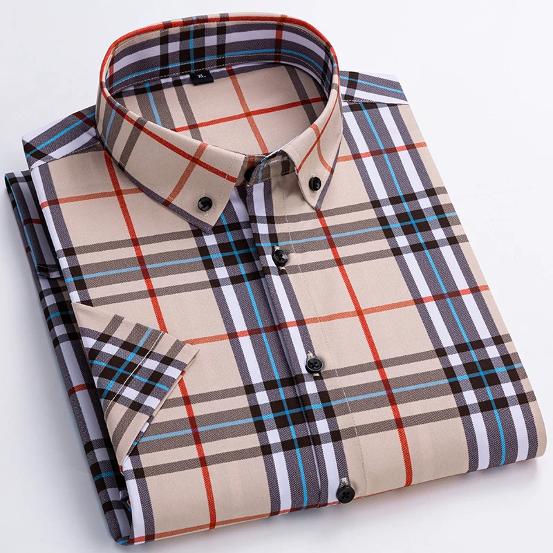 

New Daily Shirt Men's Trend Youth Slim Short Sleeved Plaid Casual Comfortable Breathable Cotton Shirt Tops