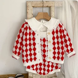 Autumn Winter Newborn Baby Girls Clothing Suit Knitted Long Sleeved Printed Cardigan+Jumpsuit Infant Baby Knitting Clothes Set