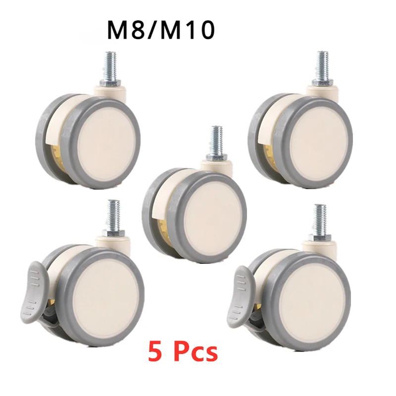 

5 Pcs/Lot 2.5 Inch M8/M10 Mute PU Caster Flat Trolley Universal Wheel Trailer Caster Brake Wheel Nylon Wheel Bearing 200KG