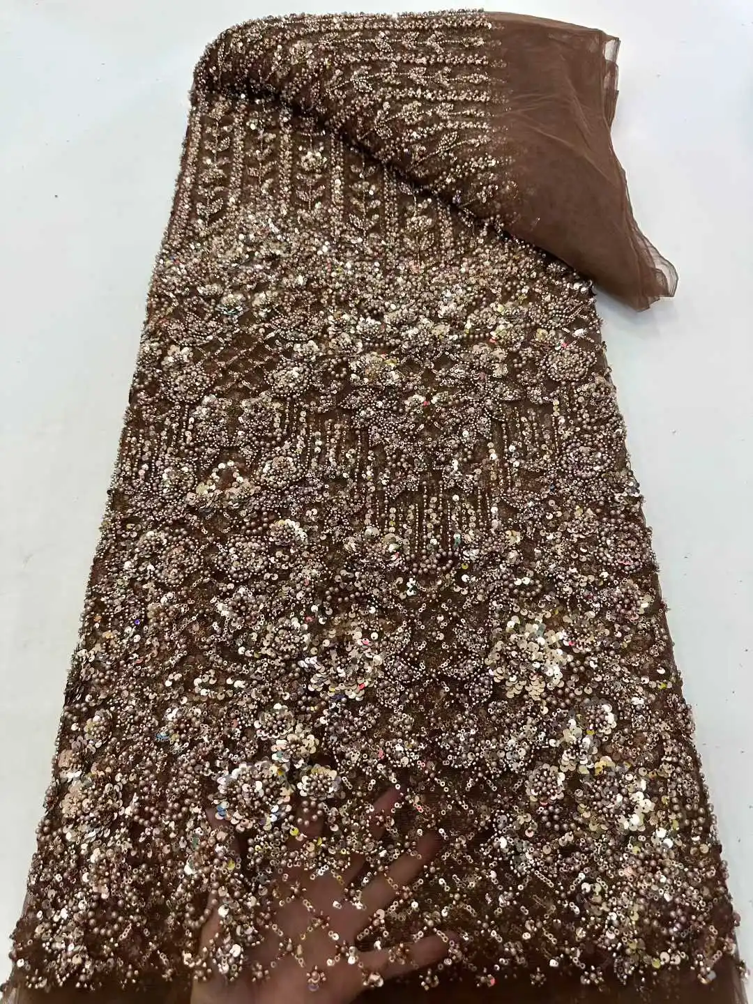 2026 Luxury High Quality Dubai Sequence Mesh Material Royal Bridal Elegant Beaded Lace Fabric For Wedding Dresses