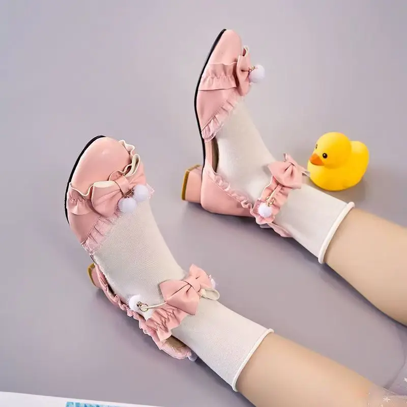 

Girseaby, милые сандалии в стиле Лолиты для девочек, круглый носок, блочные каблуки, 2,5 см, пряжка, ремешок, бант, 31 32 33, вечерние женские туфли