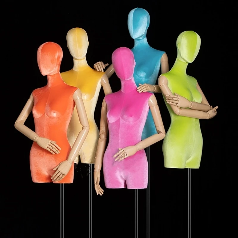 Colorful Fabric Cover Female Bust Model Half-Body Mannequin For Window Clothes Display, Bust Dress Form Stand Metal Base Rack