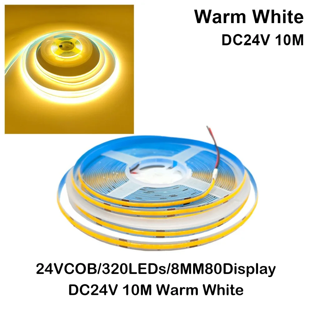 1Roll DC12/24V 320LED COB LED Strip Light High Density RA90 5m 10m Flexible Lamp Super Bright Warm White Natural White