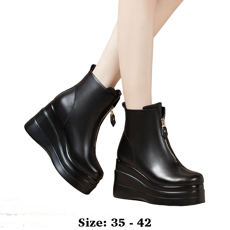 

High quality short ankle leather thick sole boots for women 8cm high heel platform 2025 autumn winter 34 35 elegant shoe black