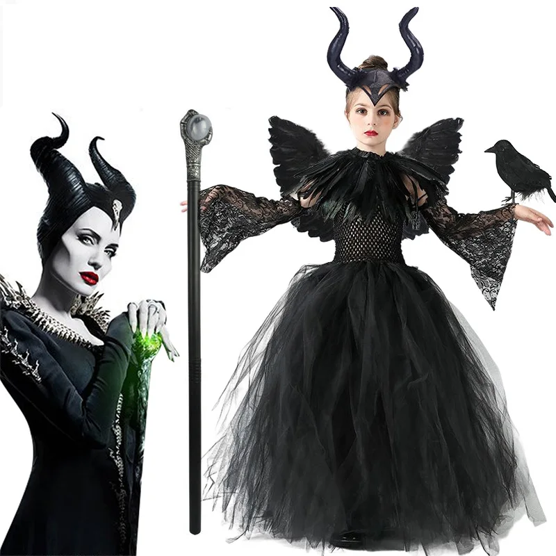 Little Kids Black Evil Witch Maleficent Fancy Dress Full Accessories Horns Wings Staff For Trick Or Treat School Stage Costume