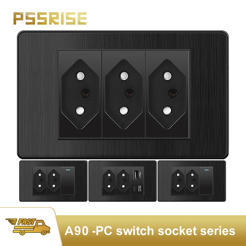 

PSSRISE Black Brazil PC Drawing Panel Standard Outlet Double 2.1A USB Type C Wall Power Socket Light Switch Office 118*72mm 16A
